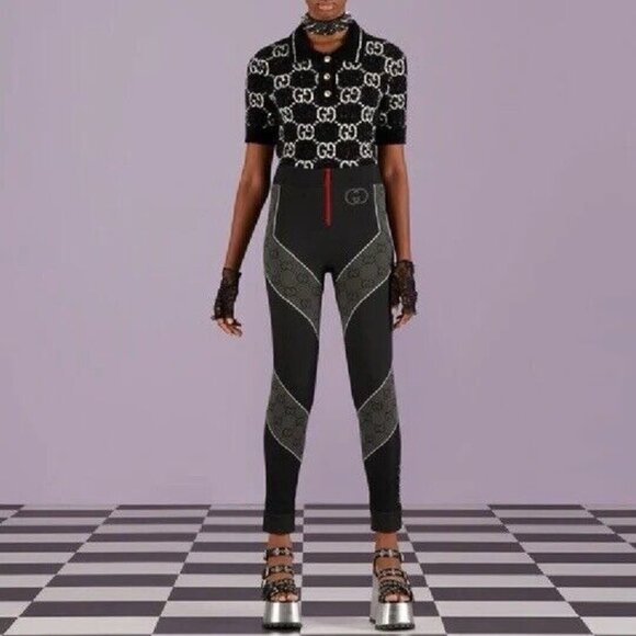 NWT GUCCI GG Jersey Jacquard Leggings Grey Black GG Size L - Picture 2 of 6